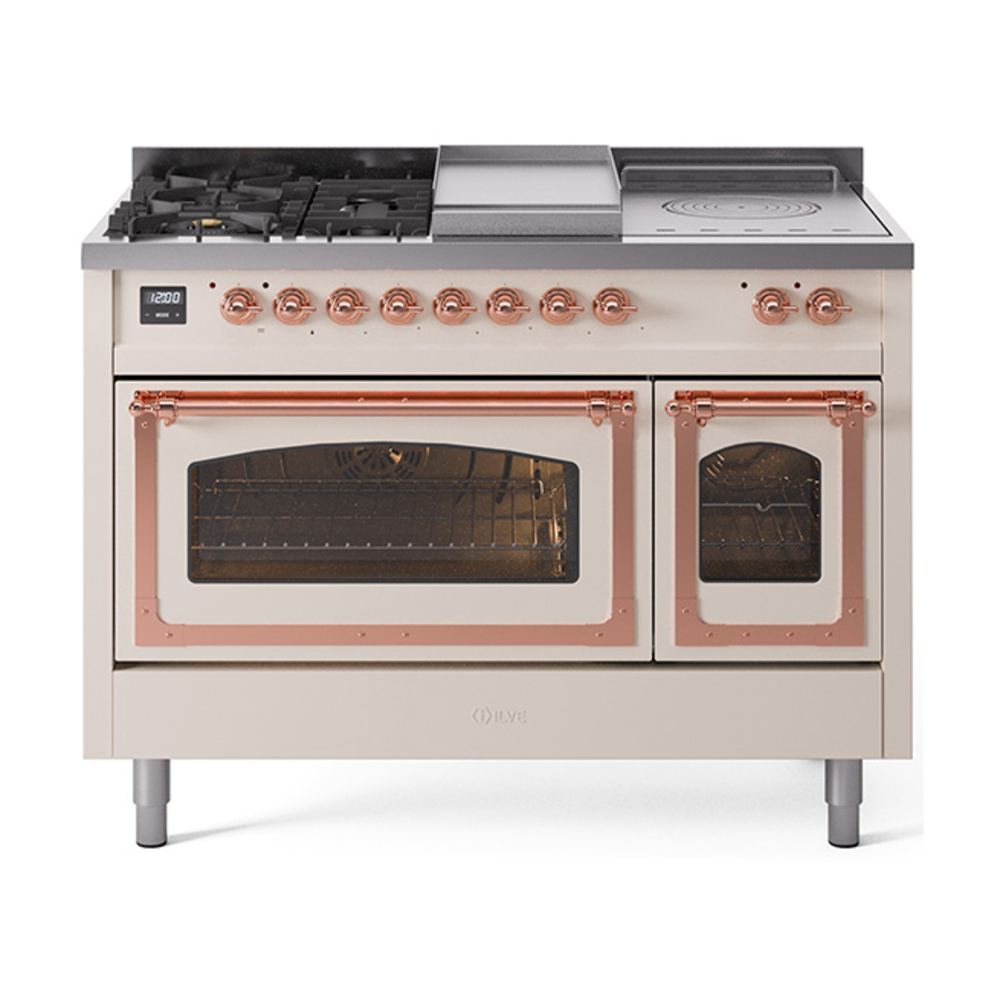 ILVE UN48FSNMPAWPLP Nostalgie II Noblesse 48" Dual Fuel Range  (5 Sealed Burners + Griddle + French Top, Liquid Propane, Triple Glass Door, Antique White, Copper)