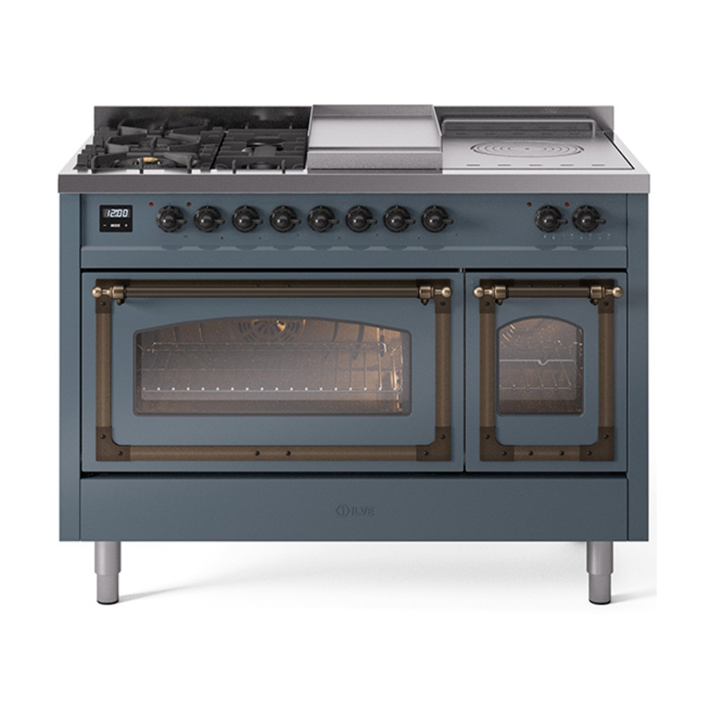 ILVE UN48FSNMPBGBLP Nostalgie II Noblesse 48" Dual Fuel Range  (5 Sealed Burners + Griddle + French Top, Liquid Propane, Triple Glass Door, Blue Grey, Bronze)