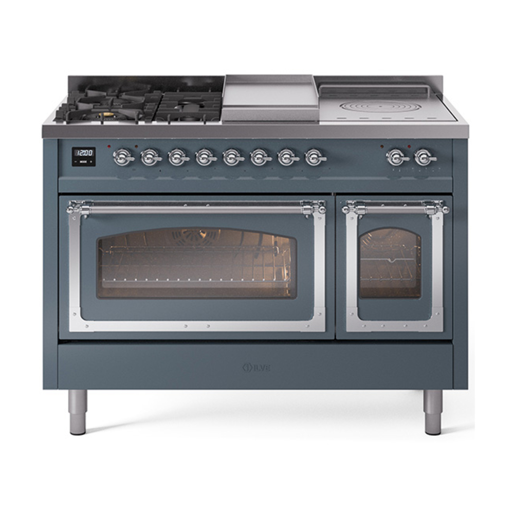 ILVE UN48FSNMPBGCLP Nostalgie II Noblesse 48" Dual Fuel Range  (5 Sealed Burners + Griddle + French Top, Liquid Propane, Triple Glass Door, Blue Grey, Chrome)