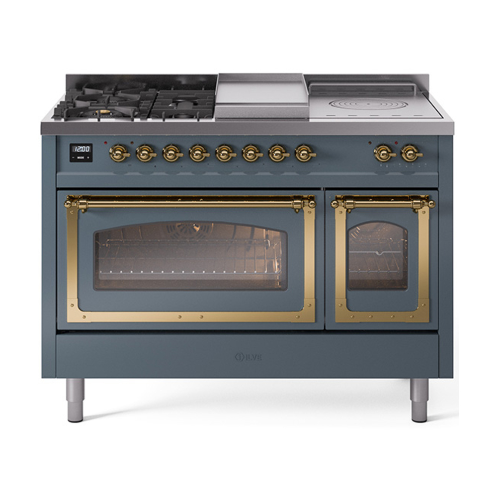 ILVE UN48FSNMPBGGLP Nostalgie II Noblesse 48" Dual Fuel Range  (5 Sealed Burners + Griddle + French Top, Liquid Propane, Triple Glass Door, Blue Grey, Brass)