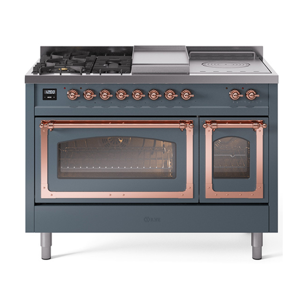 ILVE UN48FSNMPBGPLP Nostalgie II Noblesse 48" Dual Fuel Range  (5 Sealed Burners + Griddle + French Top, Liquid Propane, Triple Glass Door, Blue Grey, Copper)