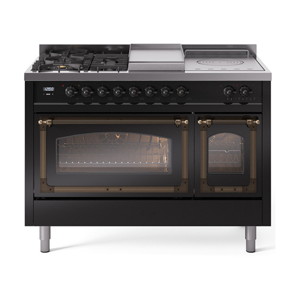 ILVE UN48FSNMPBKBLP Nostalgie II Noblesse 48" Dual Fuel Range  (5 Sealed Burners + Griddle + French Top, Liquid Propane, Triple Glass Door, Glossy Black, Bronze)