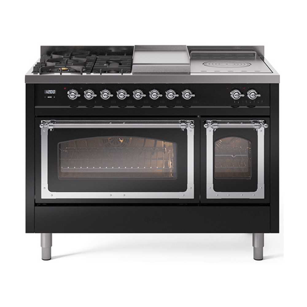 ILVE UN48FSNMPBKCLP Nostalgie II Noblesse 48" Dual Fuel Range  (5 Sealed Burners + Griddle + French Top, Liquid Propane, Triple Glass Door, Glossy Black, Chrome)