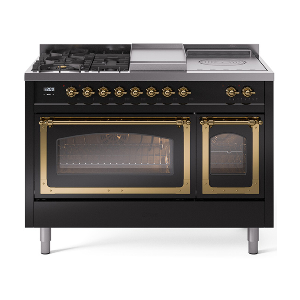 ILVE UN48FSNMPBKGLP Nostalgie II Noblesse 48" Dual Fuel Range  (5 Sealed Burners + Griddle + French Top, Liquid Propane, Triple Glass Door, Glossy Black, Brass)