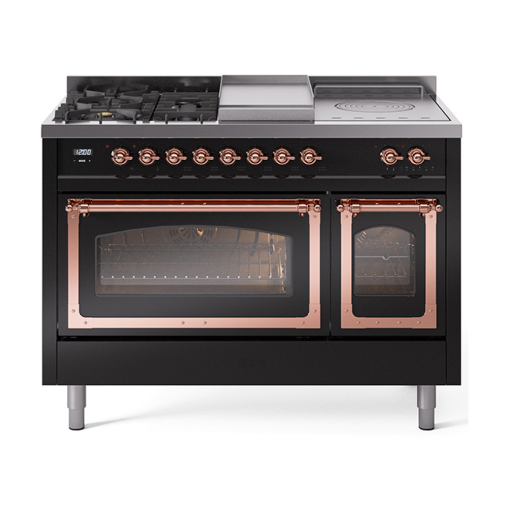 ILVE UN48FSNMPBKPLP Nostalgie II Noblesse 48" Dual Fuel Range  (5 Sealed Burners + Griddle + French Top, Liquid Propane, Triple Glass Door, Glossy Black, Copper)