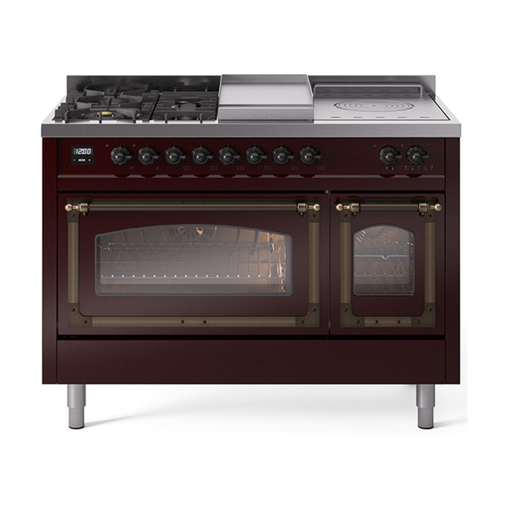 ILVE UN48FSNMPBUBLP Nostalgie II Noblesse 48" Dual Fuel Range  (5 Sealed Burners + Griddle + French Top, Liquid Propane, Triple Glass Door, Burgundy, Burnished)