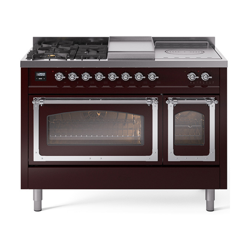 ILVE UN48FSNMPBUCLP Nostalgie II Noblesse 48" Dual Fuel Range  (5 Sealed Burners + Griddle + French Top, Liquid Propane, Triple Glass Door, Burgundy, Chrome)