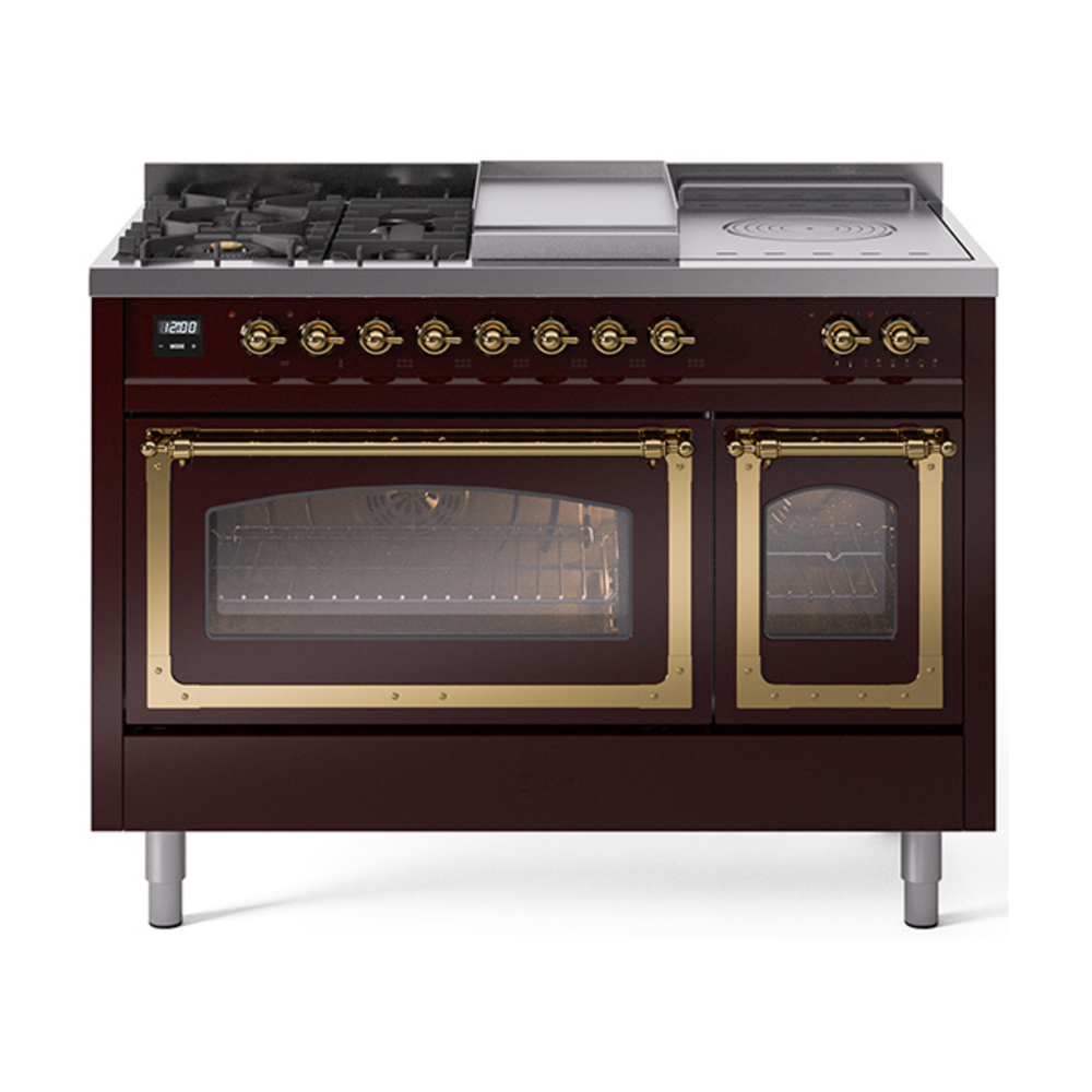 ILVE UN48FSNMPBUGLP Nostalgie II Noblesse 48" Dual Fuel Range  (5 Sealed Burners + Griddle + French Top, Liquid Propane, Triple Glass Door, Burgundy, Brass)