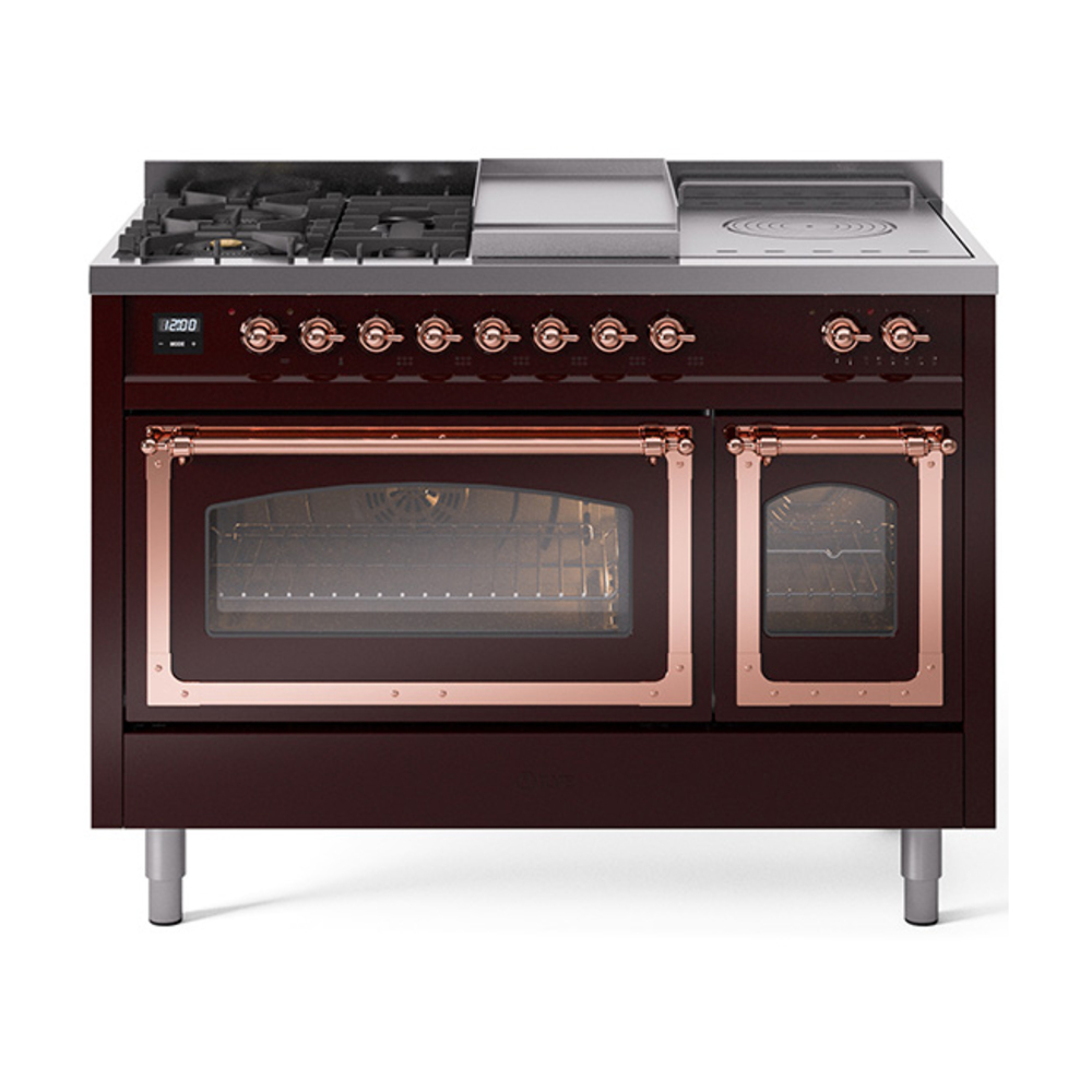 ILVE UN48FSNMPBUPLP Nostalgie II Noblesse 48" Dual Fuel Range  (5 Sealed Burners + Griddle + French Top, Liquid Propane, Triple Glass Door, Burgundy, Copper)