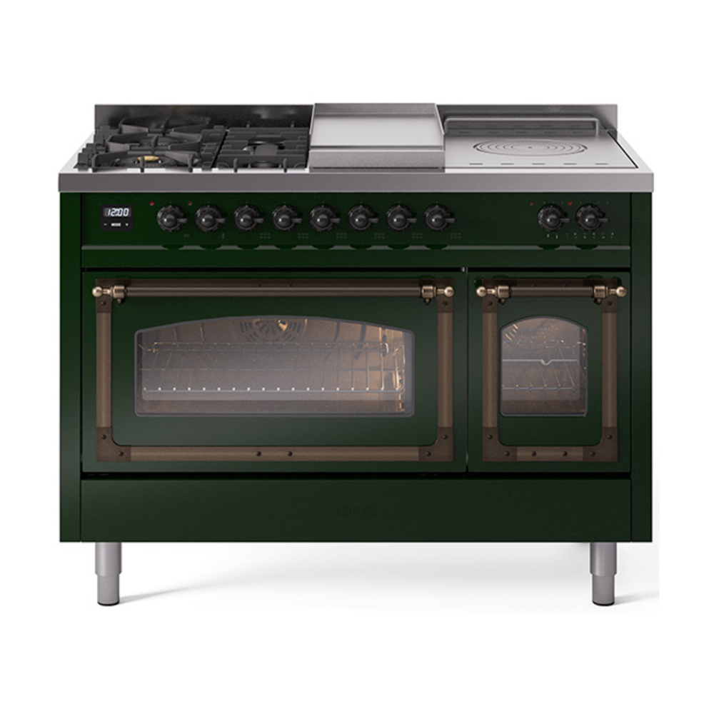 ILVE UN48FSNMPEGBLP Nostalgie II Noblesse 48" Dual Fuel Range  (5 Sealed Burners + Griddle + French Top, Liquid Propane, Triple Glass Door, Emerald Green, Bronze)