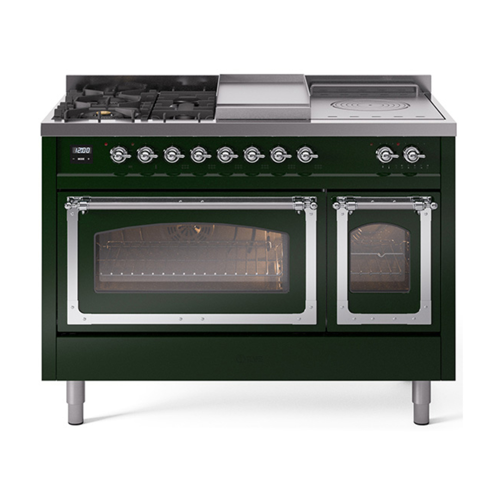 ILVE UN48FSNMPEGCLP Nostalgie II Noblesse 48" Dual Fuel Range  (5 Sealed Burners + Griddle + French Top, Liquid Propane, Triple Glass Door, Emerald Green, Chrome)