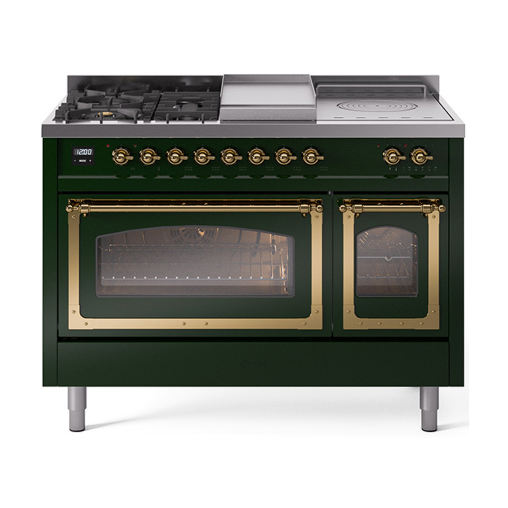 ILVE UN48FSNMPEGGLP Nostalgie II Noblesse 48" Dual Fuel Range  (5 Sealed Burners + Griddle + French Top, Liquid Propane, Triple Glass Door, Emerald Green, Brass)