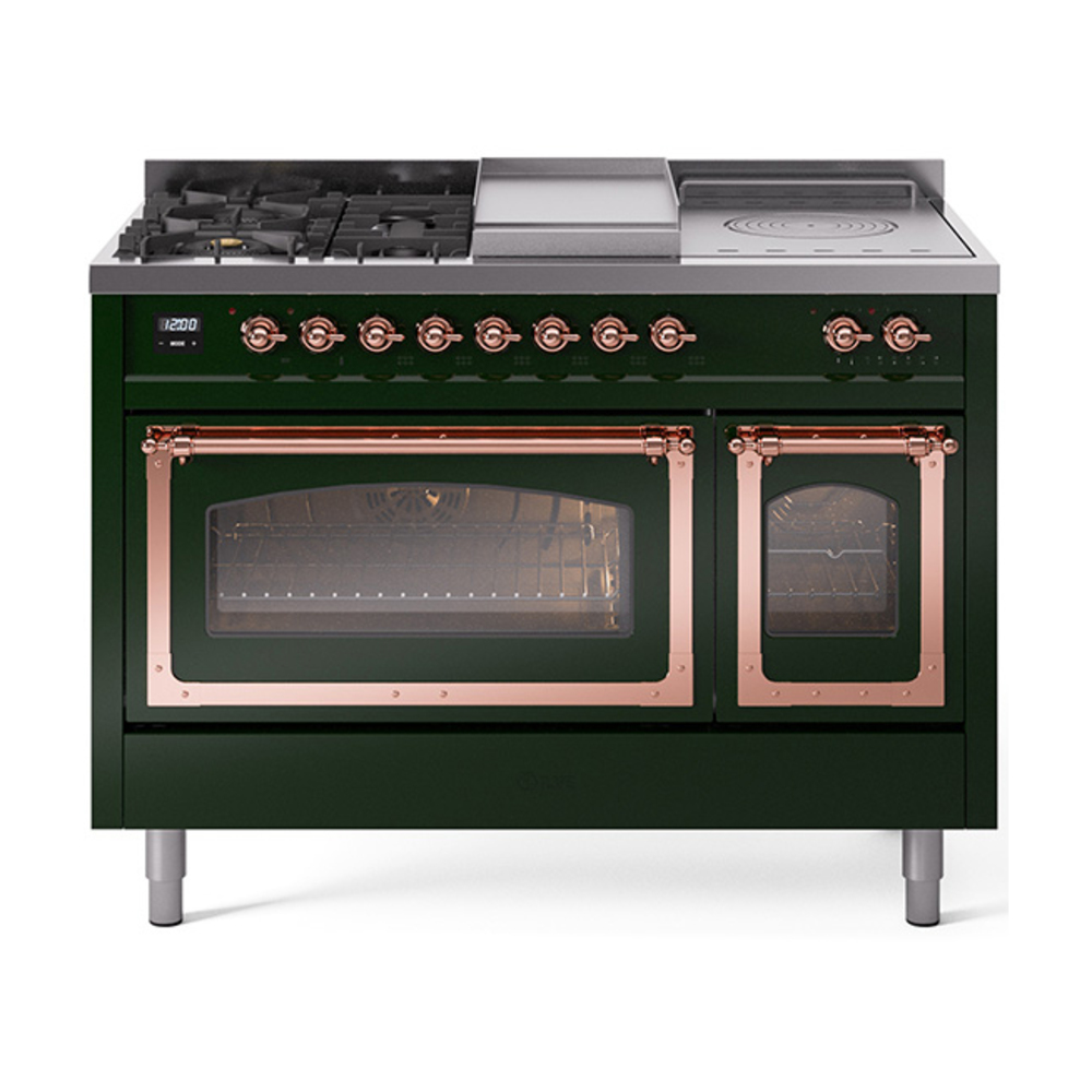 ILVE UN48FSNMPEGPLP Nostalgie II Noblesse 48" Dual Fuel Range  (5 Sealed Burners + Griddle + French Top, Liquid Propane, Triple Glass Door, Emerald Green, Copper)