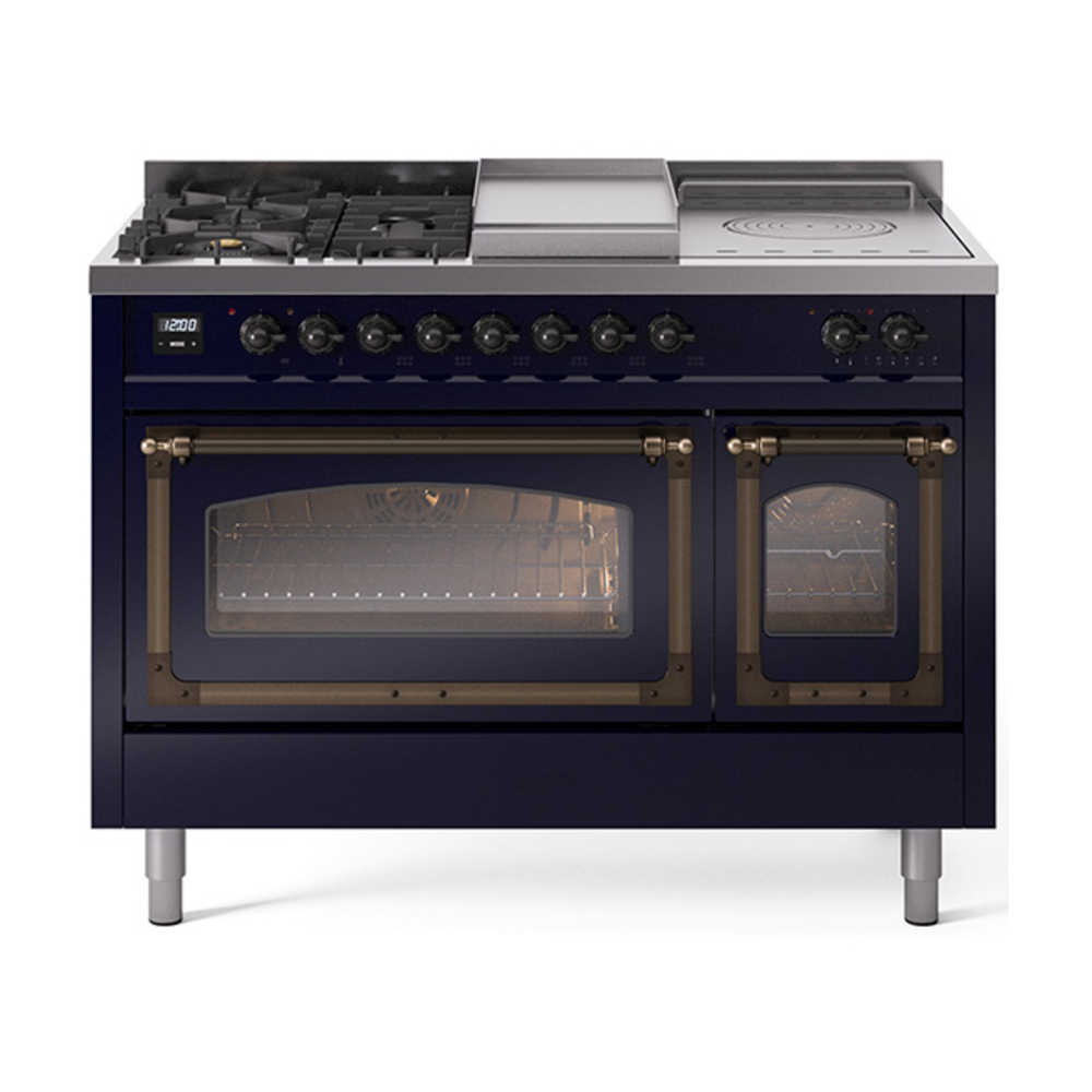 ILVE UN48FSNMPMBBLP Nostalgie II Noblesse 48" Dual Fuel Range  (5 Sealed Burners + Griddle + French Top, Liquid Propane, Triple Glass Door, Midnight Blue, Burnished)