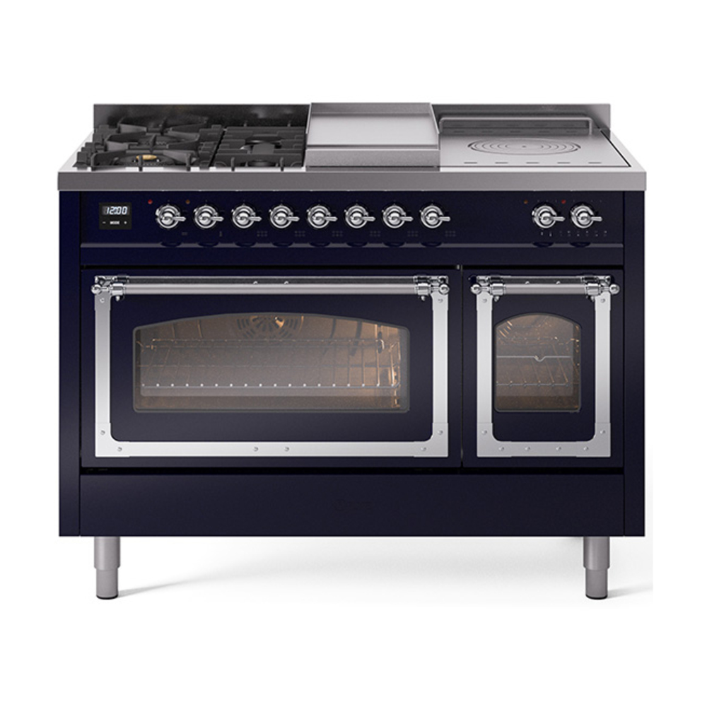 ILVE UN48FSNMPMBCLP Nostalgie II Noblesse 48" Dual Fuel Range  (5 Sealed Burners + Griddle + French Top, Liquid Propane, Triple Glass Door, Midnight Blue, Chrome)