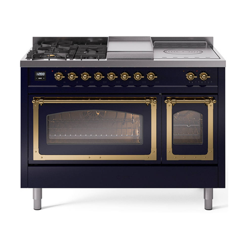 ILVE UN48FSNMPMBGLP Nostalgie II Noblesse 48" Dual Fuel Range  (5 Sealed Burners + Griddle + French Top, Liquid Propane, Triple Glass Door, Midnight Blue, Brass)