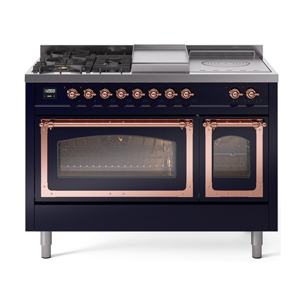 ILVE UN48FSNMPMBPLP Nostalgie II Noblesse 48" Dual Fuel Range  (5 Sealed Burners + Griddle + French Top, Liquid Propane, Triple Glass Door, Midnight Blue, Copper)