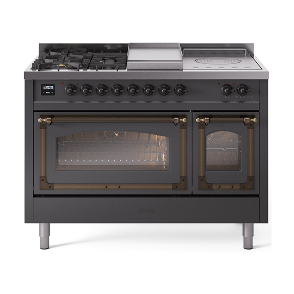 ILVE UN48FSNMPMGBLP Nostalgie II Noblesse 48" Dual Fuel Range  (5 Sealed Burners + Griddle + French Top, Liquid Propane, Triple Glass Door, Graphite Matte, Bronze)