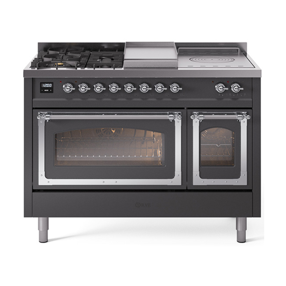 ILVE UN48FSNMPMGCLP Nostalgie II Noblesse 48" Dual Fuel Range  (5 Sealed Burners + Griddle + French Top, Liquid Propane, Triple Glass Door, Graphite Matte, Chrome)