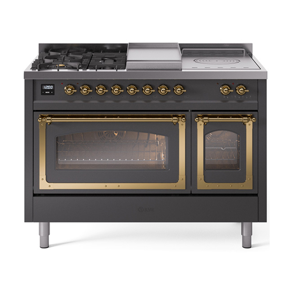 ILVE UN48FSNMPMGGLP Nostalgie II Noblesse 48" Dual Fuel Range  (5 Sealed Burners + Griddle + French Top, Liquid Propane, Triple Glass Door, Graphite Matte, Brass)