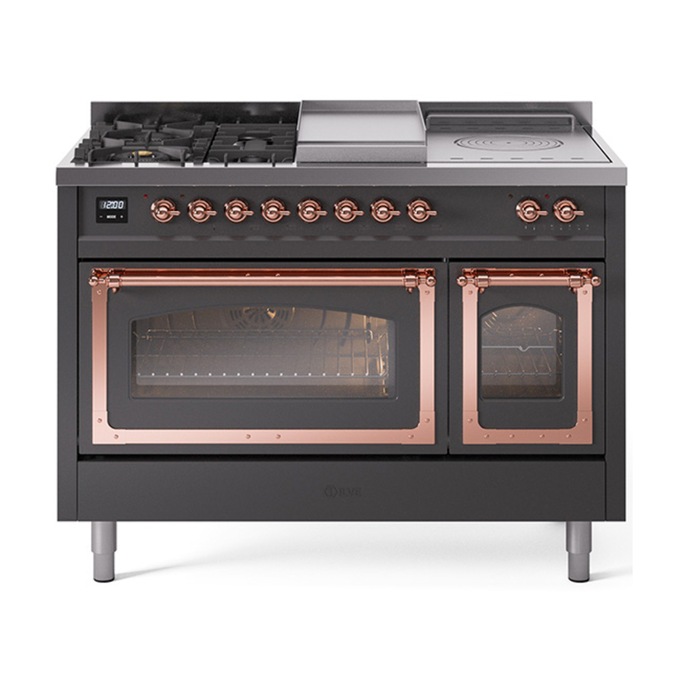 ILVE UN48FSNMPMGPLP Nostalgie II Noblesse 48" Dual Fuel Range  (5 Sealed Burners + Griddle + French Top, Liquid Propane, Triple Glass Door, Graphite Matte, Copper)