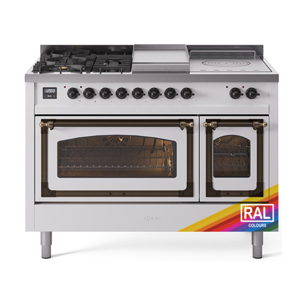 ILVE UN48FSNMPRABLP Nostalgie II Noblesse 48" Dual Fuel Range  (5 Sealed Burners + Griddle + French Top, Liquid Propane, Triple Glass Door, RAL, Burnished)