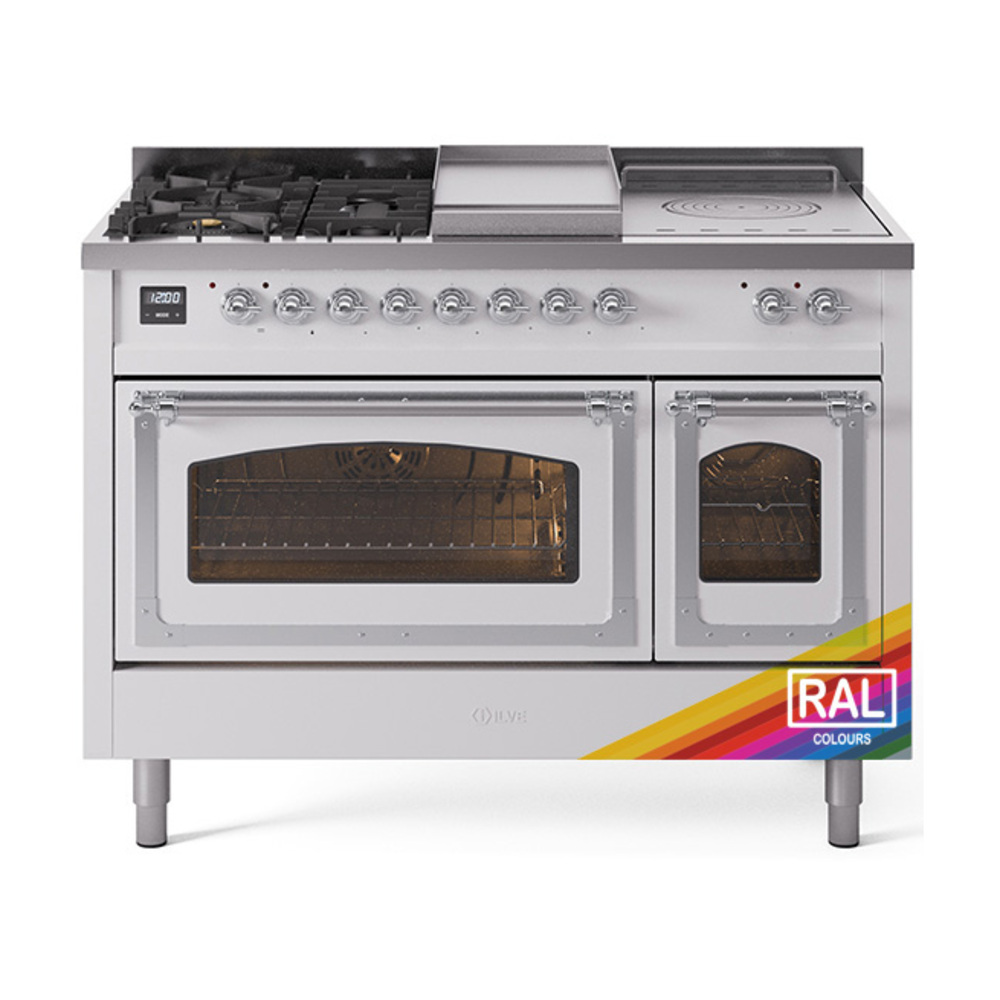 ILVE UN48FSNMPRACLP Nostalgie II Noblesse 48" Dual Fuel Range  (5 Sealed Burners + Griddle + French Top, Liquid Propane, Triple Glass Door, RAL, Chrome)