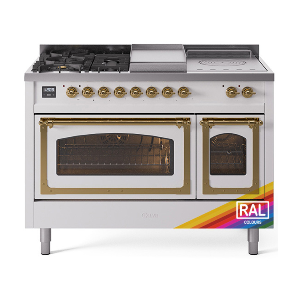 ILVE UN48FSNMPRAGLP Nostalgie II Noblesse 48" Dual Fuel Range  (5 Sealed Burners + Griddle + French Top, Liquid Propane, Triple Glass Door, RAL, Brass)