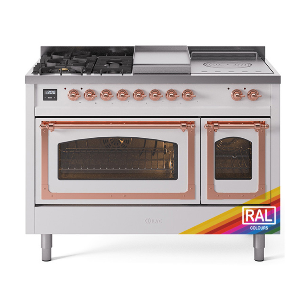 ILVE UN48FSNMPRAPLP Nostalgie II Noblesse 48" Dual Fuel Range  (5 Sealed Burners + Griddle + French Top, Liquid Propane, Triple Glass Door, RAL, Copper)