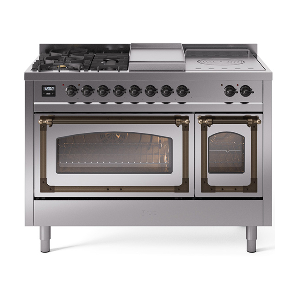 ILVE UN48FSNMPSSBLP Nostalgie II Noblesse 48" Dual Fuel Range  (5 Sealed Burners + Griddle + French Top, Liquid Propane, Triple Glass Door, Stainless Steel, Burnished)