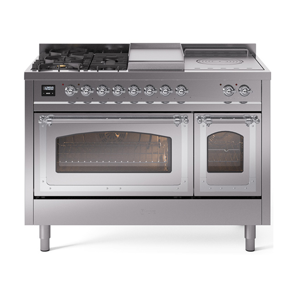 ILVE UN48FSNMPSSCLP Nostalgie II Noblesse 48" Dual Fuel Range  (5 Sealed Burners + Griddle + French Top, Liquid Propane, Triple Glass Door, Stainless Steel, Chrome)