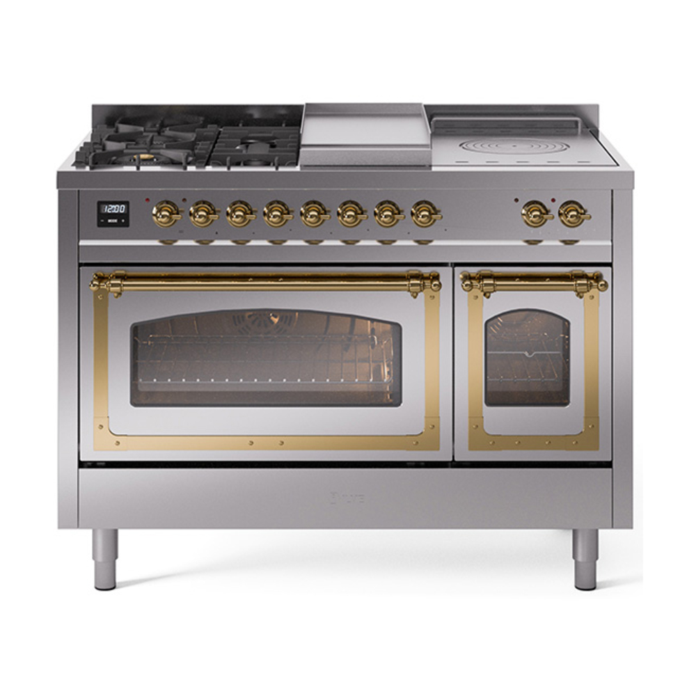 ILVE UN48FSNMPSSGLP Nostalgie II Noblesse 48" Dual Fuel Range  (5 Sealed Burners + Griddle + French Top, Liquid Propane, Triple Glass Door, Stainless Steel, Brass)