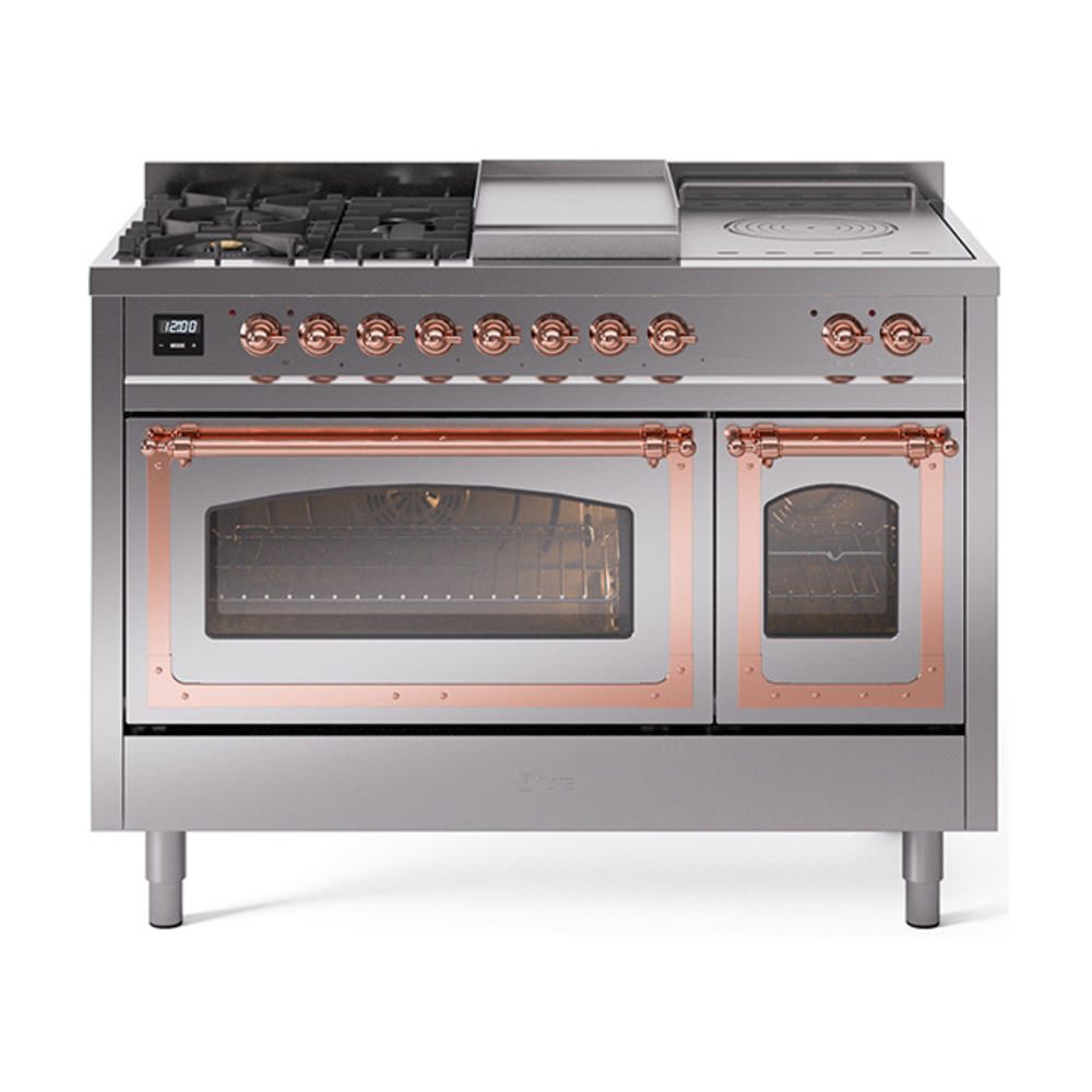 ILVE UN48FSNMPSSPLP Nostalgie II Noblesse 48" Dual Fuel Range  (5 Sealed Burners + Griddle + French Top, Liquid Propane, Triple Glass Door, Stainless Steel, Copper)