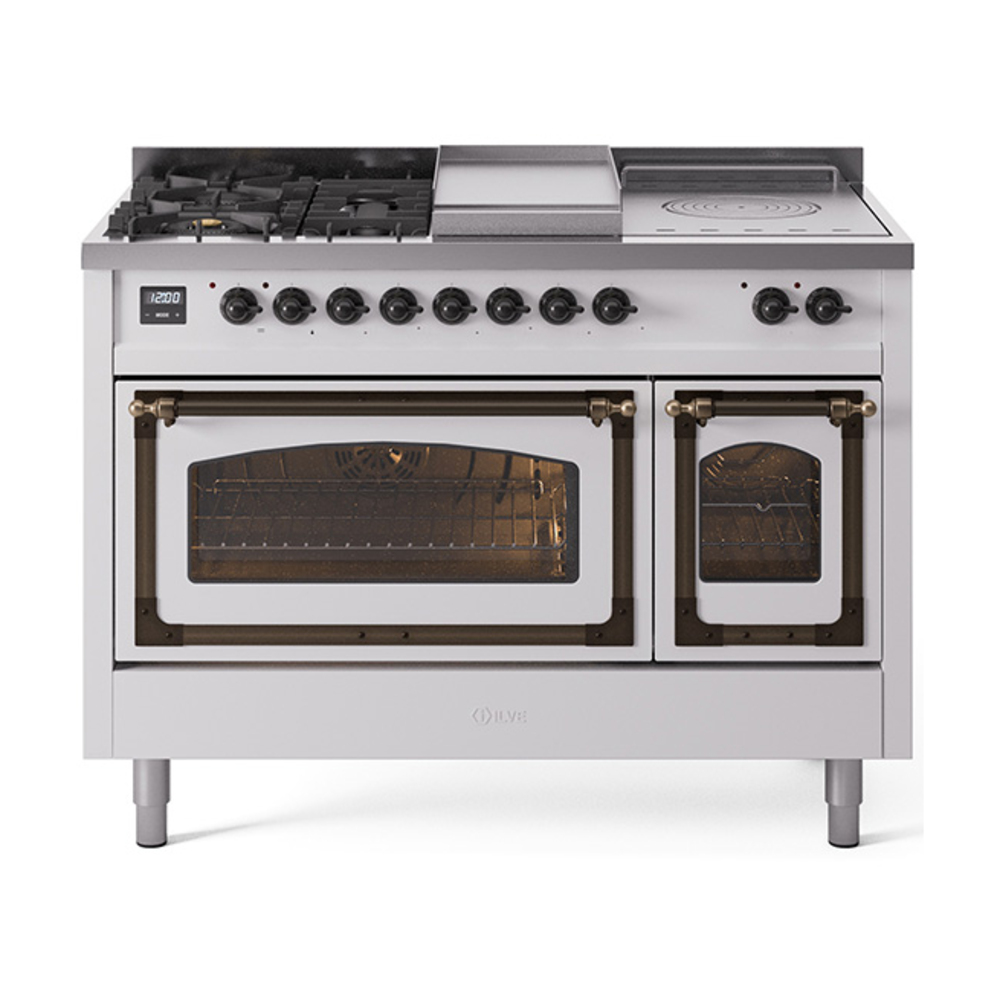 ILVE UN48FSNMPWHBLP Nostalgie II Noblesse 48" Dual Fuel Range  (5 Sealed Burners + Griddle + French Top, Liquid Propane, Triple Glass Door, White, Burnished)