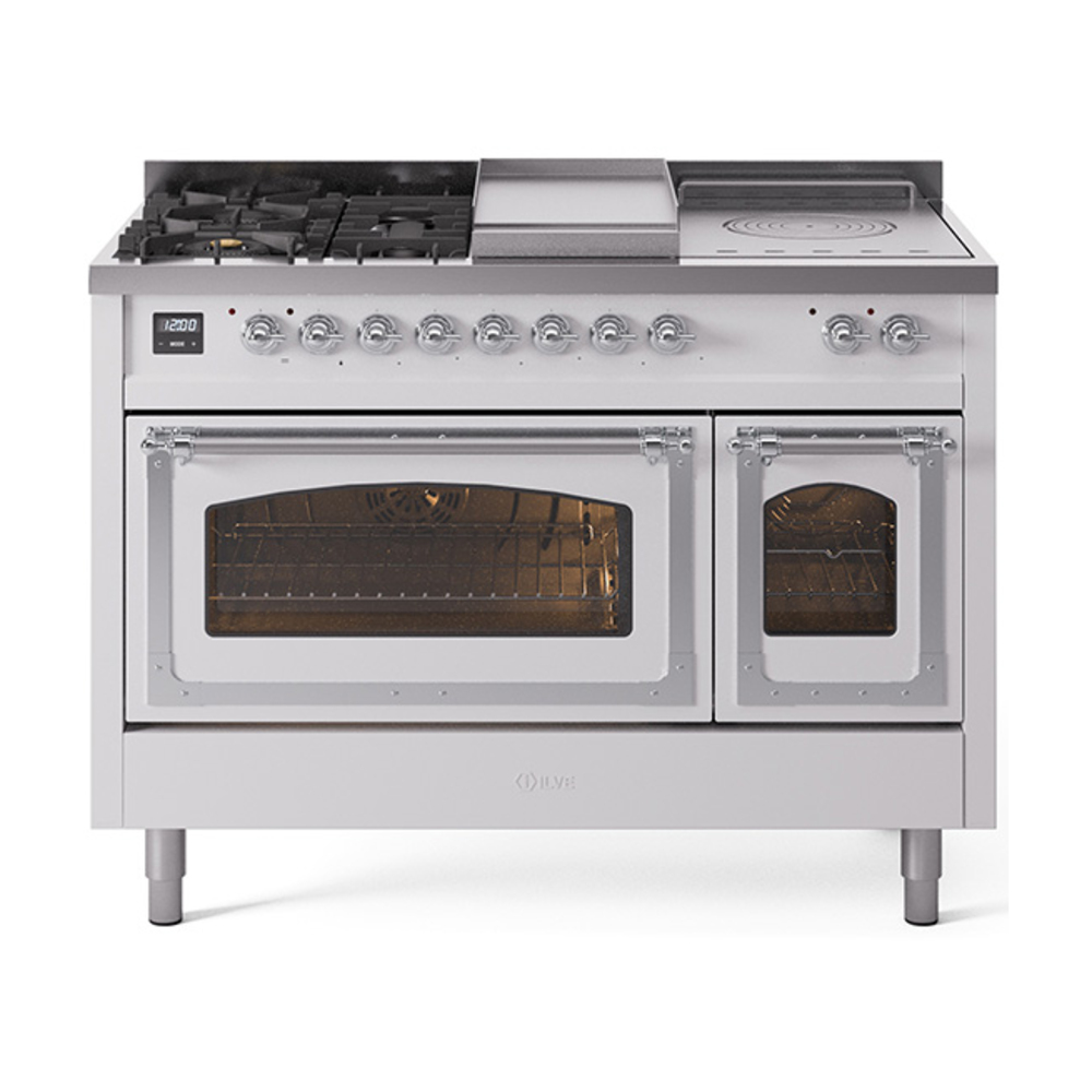 ILVE UN48FSNMPWHCLP Nostalgie II Noblesse 48" Dual Fuel Range  (5 Sealed Burners + Griddle + French Top, Liquid Propane, Triple Glass Door, White, Chrome)