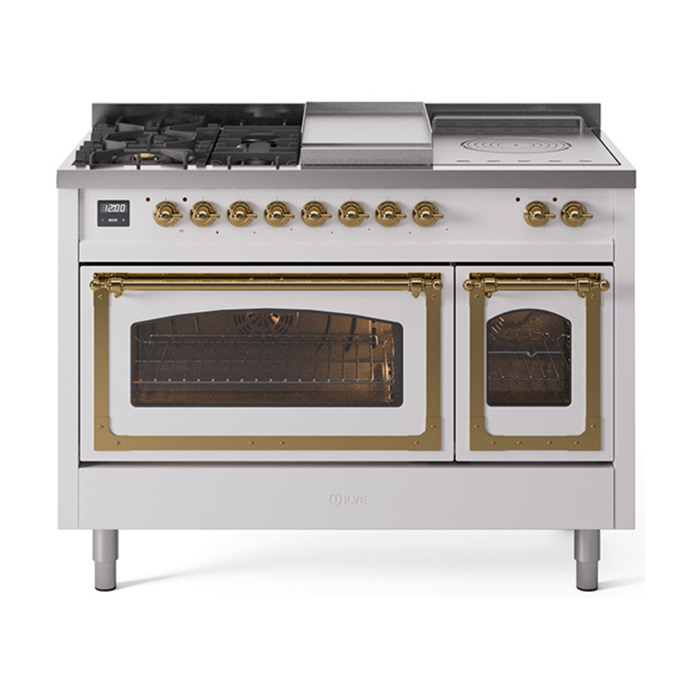 ILVE UN48FSNMPWHGLP Nostalgie II Noblesse 48" Dual Fuel Range  (5 Sealed Burners + Griddle + French Top, Liquid Propane, Triple Glass Door, White, Brass)