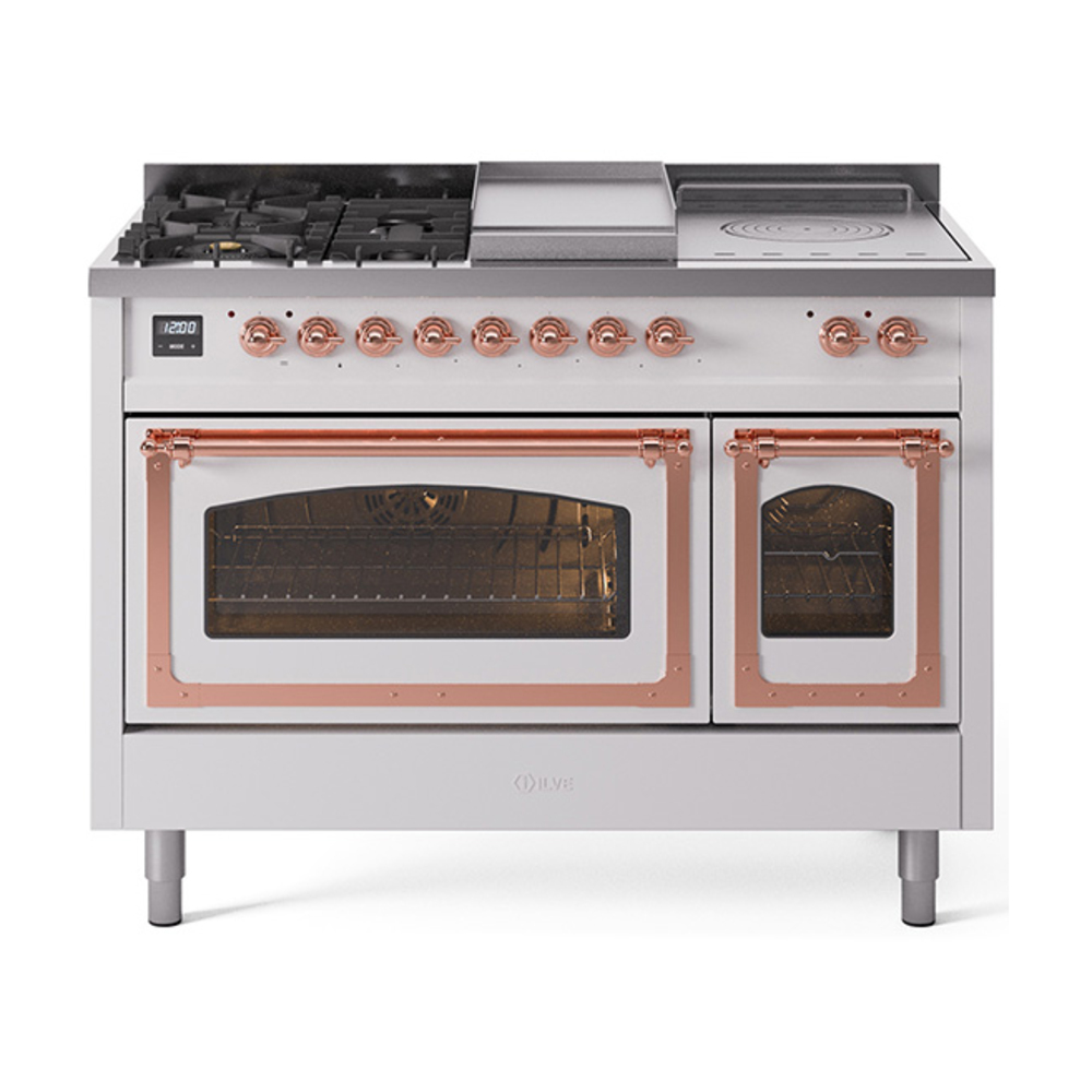 ILVE UN48FSNMPWHPLP Nostalgie II Noblesse 48" Dual Fuel Range  (5 Sealed Burners + Griddle + French Top, Liquid Propane, Triple Glass Door, White, Copper)