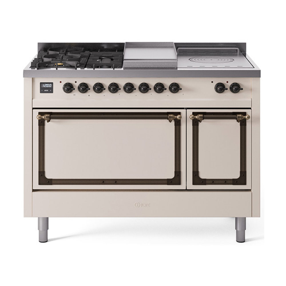 ILVE UN48FSQNMPAWBLP Nostalgie II Noblesse 48" Dual Fuel Range  (5 Sealed Burners + Griddle + French Top, Liquid Propane, Solid Door, Antique White, Bronze)