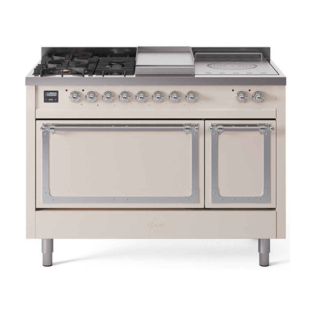 ILVE UN48FSQNMPAWCLP Nostalgie II Noblesse 48" Dual Fuel Range  (5 Sealed Burners + Griddle + French Top, Liquid Propane, Solid Door, Antique White, Chrome)