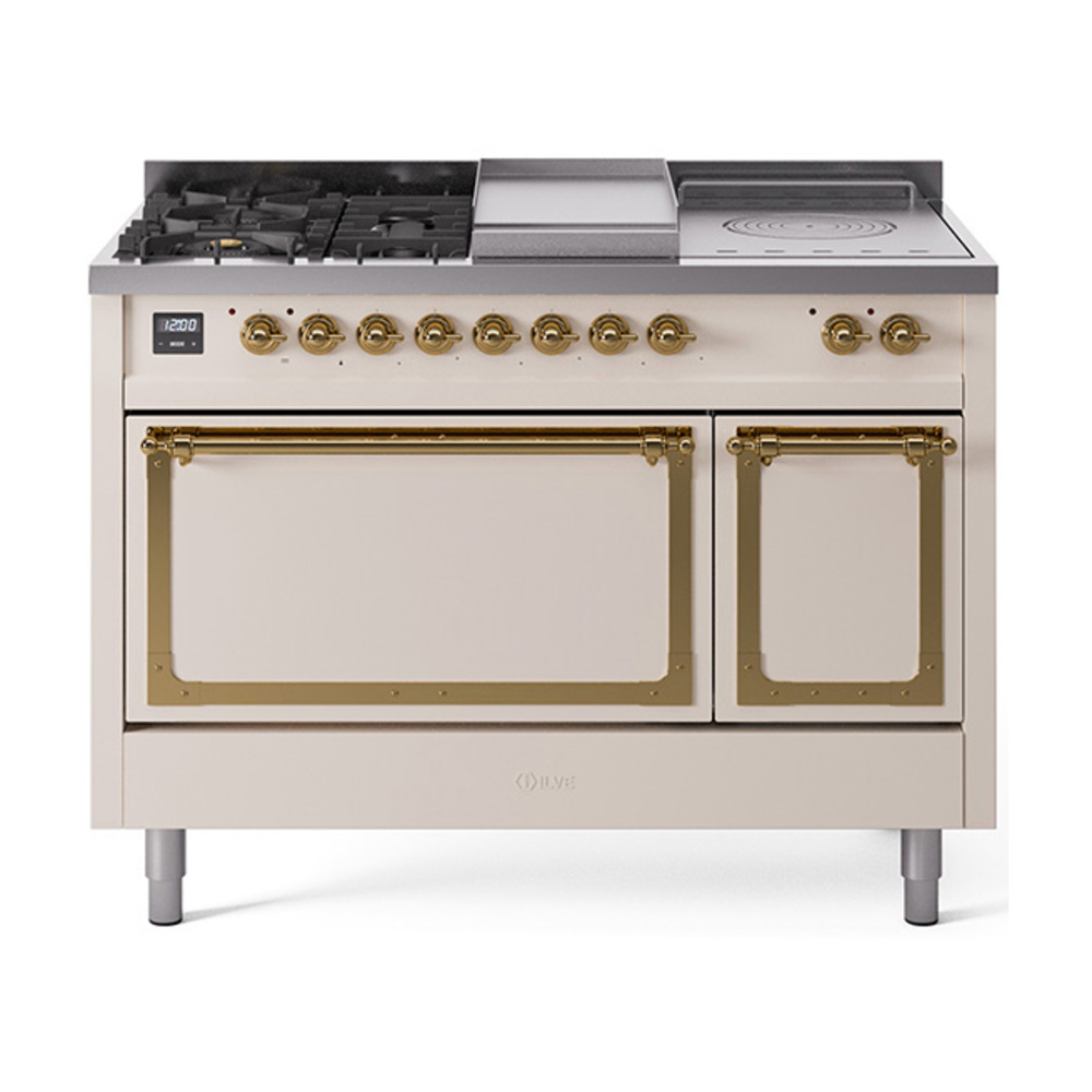 ILVE UN48FSQNMPAWGLP Nostalgie II Noblesse 48" Dual Fuel Range  (5 Sealed Burners + Griddle + French Top, Liquid Propane, Solid Door, Antique White, Brass)