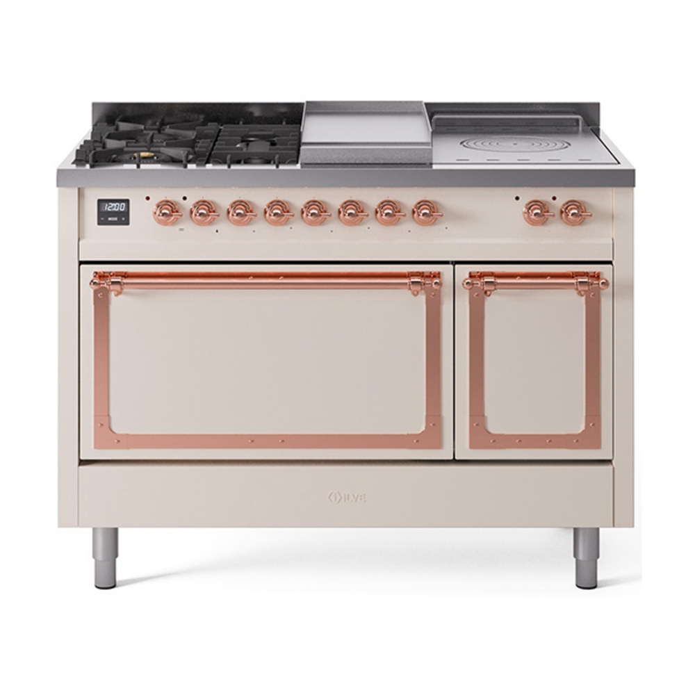 ILVE UN48FSQNMPAWPLP Nostalgie II Noblesse 48" Dual Fuel Range  (5 Sealed Burners + Griddle + French Top, Liquid Propane, Solid Door, Antique White, Copper)