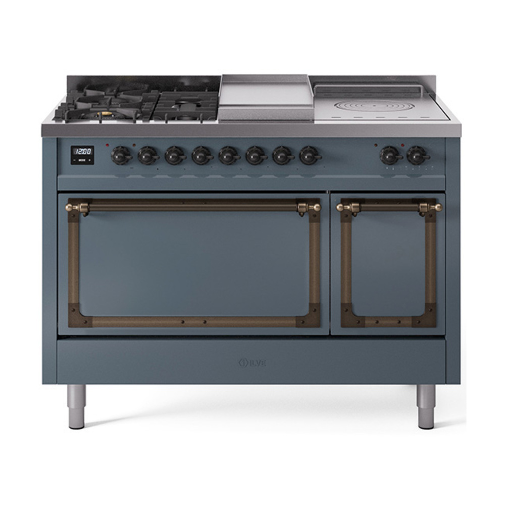 ILVE UN48FSQNMPBGBLP Nostalgie II Noblesse 48" Dual Fuel Range  (5 Sealed Burners + Griddle + French Top, Liquid Propane, Solid Door, Blue Grey, Bronze)