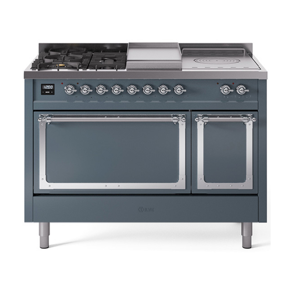 ILVE UN48FSQNMPBGCLP Nostalgie II Noblesse 48" Dual Fuel Range  (5 Sealed Burners + Griddle + French Top, Liquid Propane, Solid Door, Blue Grey, Chrome)