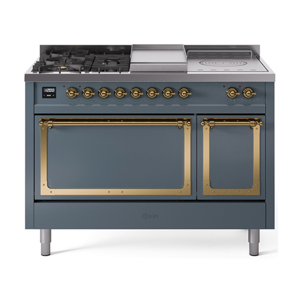 ILVE UN48FSQNMPBGGLP Nostalgie II Noblesse 48" Dual Fuel Range  (5 Sealed Burners + Griddle + French Top, Liquid Propane, Solid Door, Blue Grey, Brass)