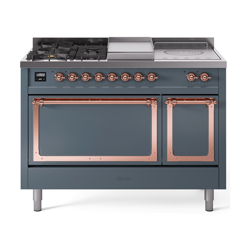 ILVE UN48FSQNMPBGPLP Nostalgie II Noblesse 48" Dual Fuel Range  (5 Sealed Burners + Griddle + French Top, Liquid Propane, Solid Door, Blue Grey, Copper)