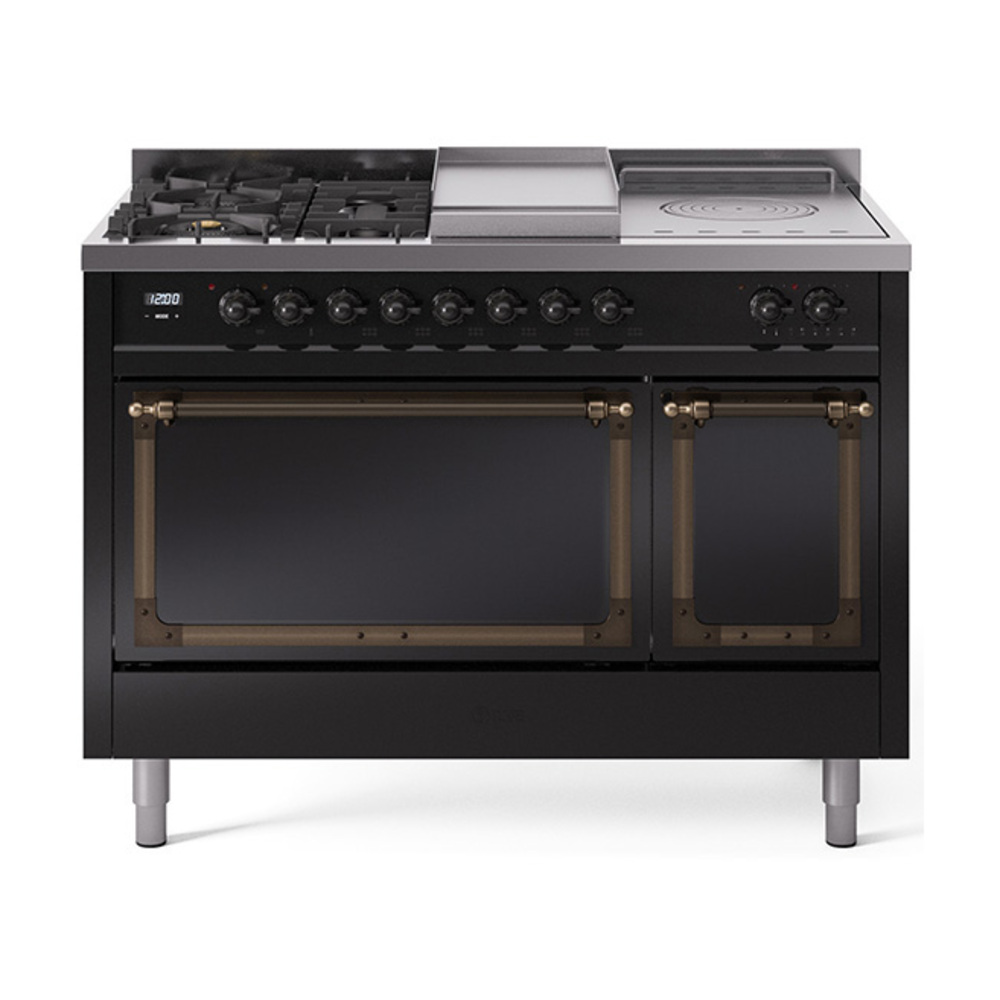 ILVE UN48FSQNMPBKBLP Nostalgie II Noblesse 48" Dual Fuel Range  (5 Sealed Burners + Griddle + French Top, Liquid Propane, Solid Door, Glossy Black, Burnished)