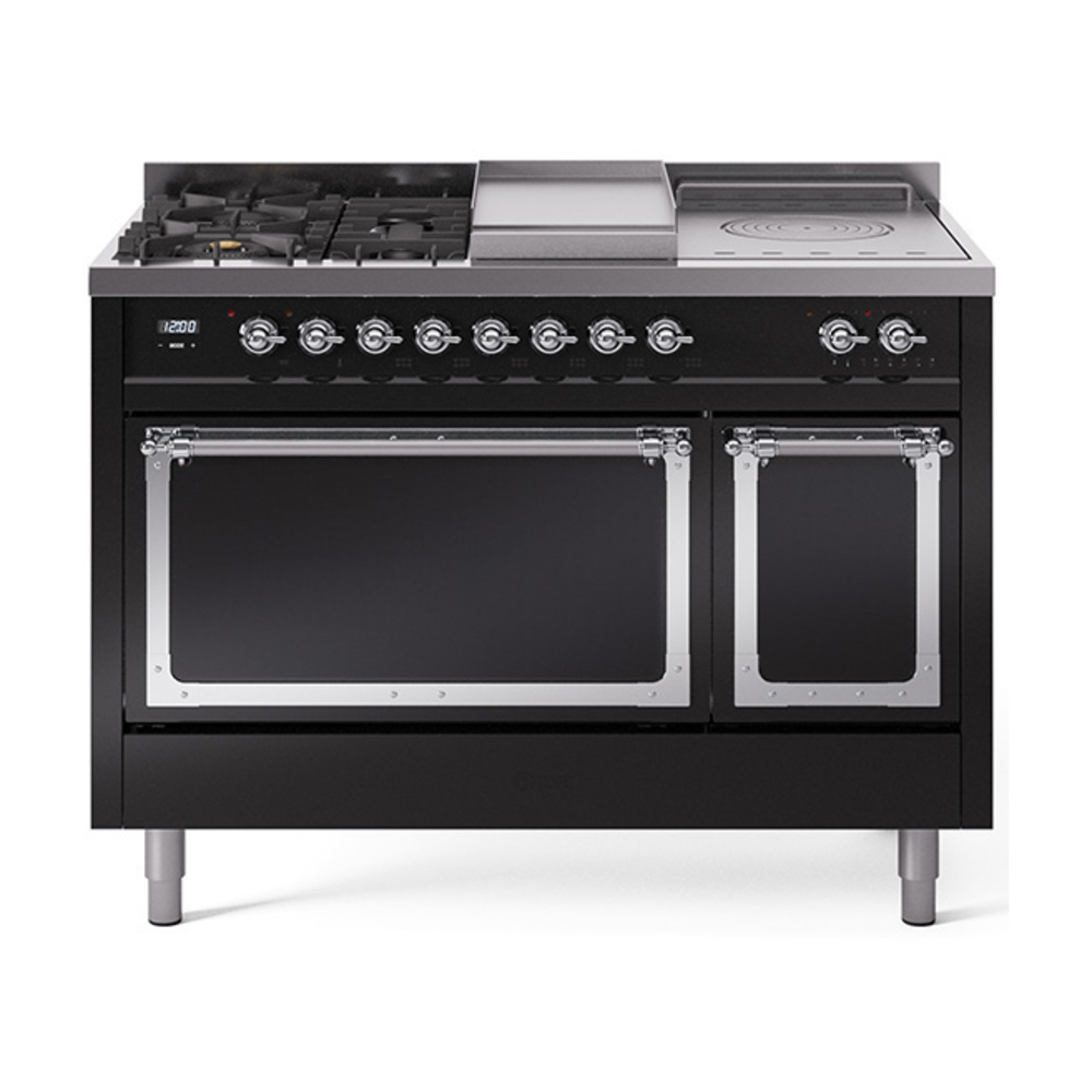 ILVE UN48FSQNMPBKCLP Nostalgie II Noblesse 48" Dual Fuel Range  (5 Sealed Burners + Griddle + French Top, Liquid Propane, Solid Door, Glossy Black, Chrome)