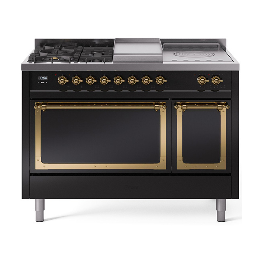 ILVE UN48FSQNMPBKGLP Nostalgie II Noblesse 48" Dual Fuel Range  (5 Sealed Burners + Griddle + French Top, Liquid Propane, Solid Door, Glossy Black, Brass)