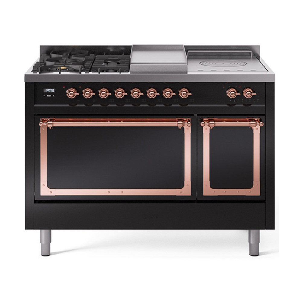 ILVE UN48FSQNMPBKPLP Nostalgie II Noblesse 48" Dual Fuel Range  (5 Sealed Burners + Griddle + French Top, Liquid Propane, Solid Door, Glossy Black, Copper)