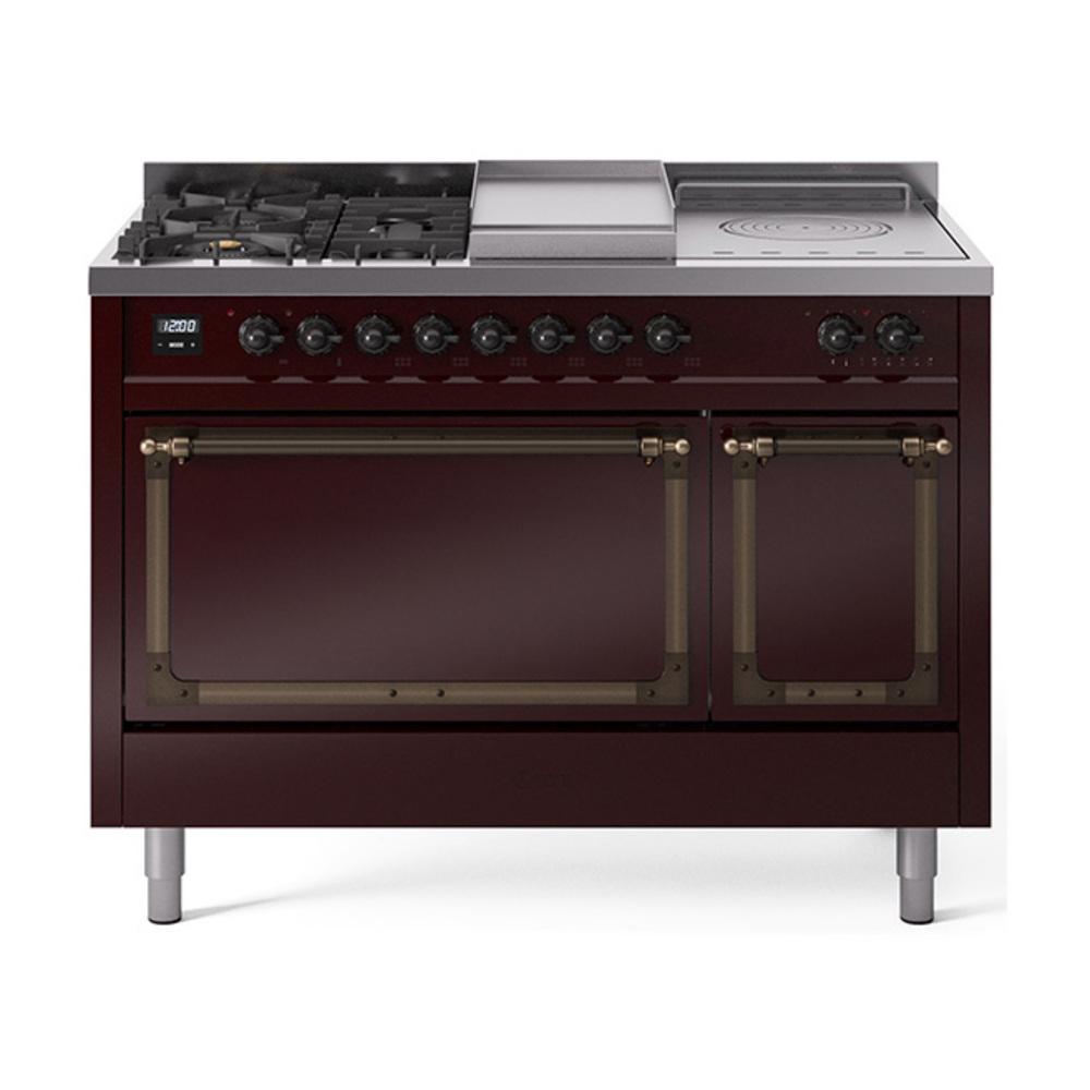 ILVE UN48FSQNMPBUBLP Nostalgie II Noblesse 48" Dual Fuel Range  (5 Sealed Burners + Griddle + French Top, Liquid Propane, Solid Door, Burgundy, Bronze)